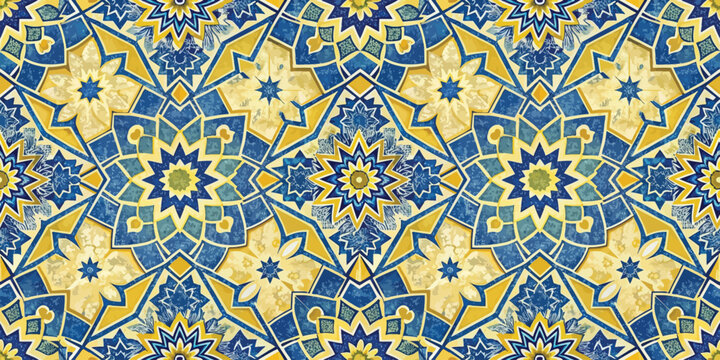 Vibrant blue and yellow geometric mosaic pattern with intricate designs.
