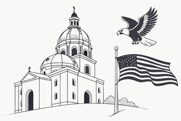 American Patriotism: Church, Eagle, and Flag Illustration