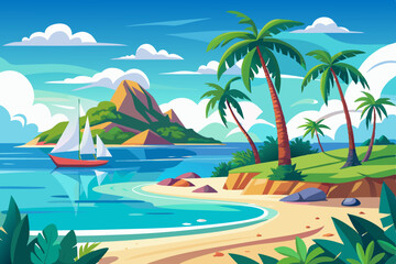Obraz premium Tropical island beach with palm trees, summer vacation paradise