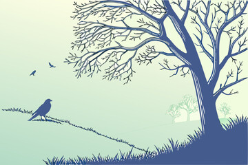 Solitary Bird and Bare Tree Landscape Illustration