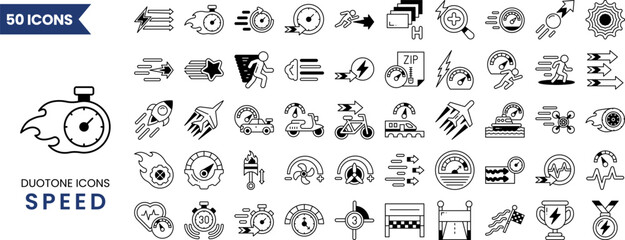 Speed icon set in duotone style. Containing fast, slow, movement, indicator, turbo, speeding, express, speedometer and more. Vector illustration