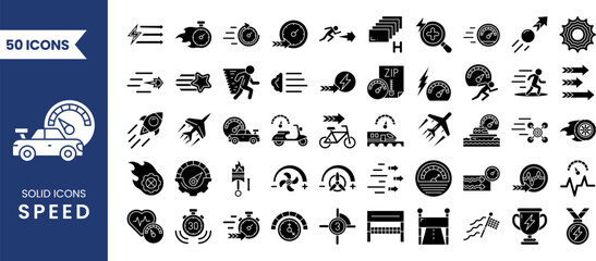 Speed icon set in solid style. Containing fast, slow, movement, indicator, turbo, speeding, express, speedometer and more. Vector illustration