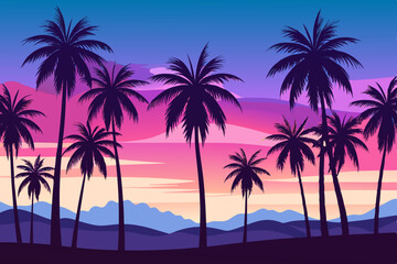 Obraz premium Tropical palms silhouette against a vibrant sunset over the tranquil sea, evoking a perfect island paradise
