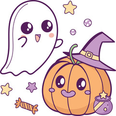 Adorable Kawaii Ghost and Pumpkin with Witch Hat for Halloween Festivities and Decorations