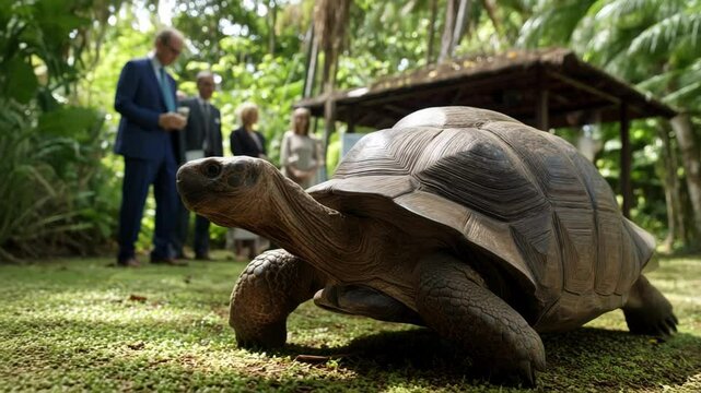 Turtle encounter in tropical garden with visitors observing wildlife at conservation center