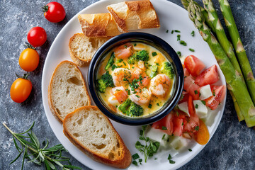 Delicious seafood dish served with bread and fresh vegetables on a white plate