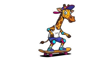 Cool cartoon giraffe skateboarder with backward cap and knee pads. Sporty urban character on white background.