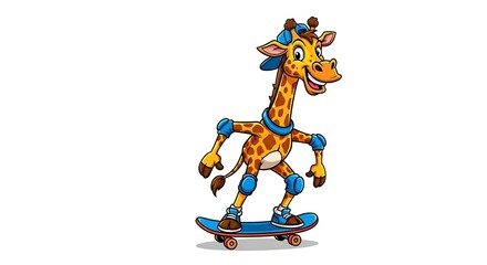 Cool cartoon giraffe skateboarder with backward cap and knee pads. Sporty urban character on white background.