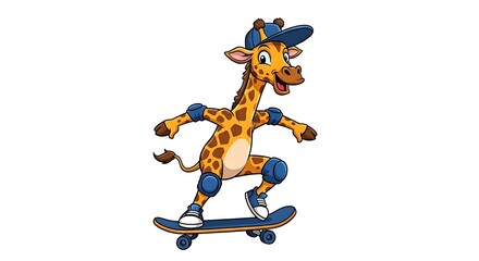 Cool cartoon giraffe skateboarder with backward cap and knee pads. Sporty urban character on white background.