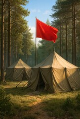 Military tents with a red flag in a serene forest setting, representing camping and adventure spirit