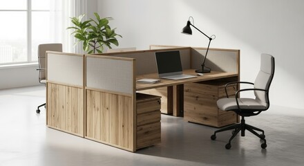 Modern wooden office desk with fabric partitions laptop and ergonomic chair Light and airy room setting