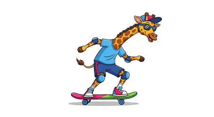Cool cartoon giraffe skateboarder with backward cap and knee pads. Sporty urban character on white background.