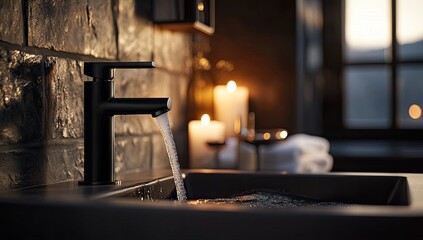 Modern bathroom sink faucet with flowing water