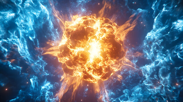 Cosmic Explosion: A Fiery Burst Against a Nebulous Blue Background