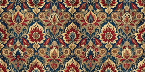Elegant floral pattern with rich colors and intricate designs, showcasing vintage style.