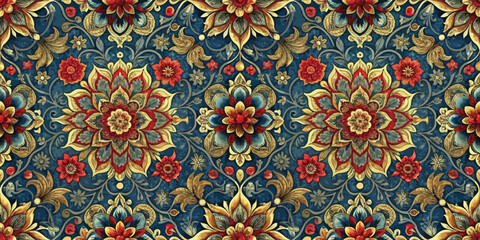 Colorful floral pattern featuring intricate designs in red, gold, and blue.