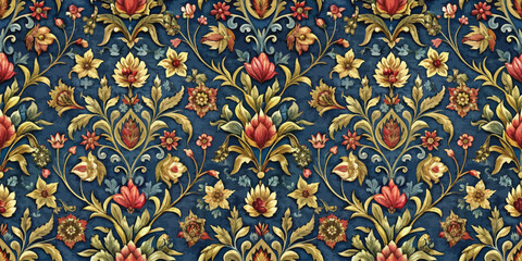 Colorful floral pattern on dark blue background with intricate details.