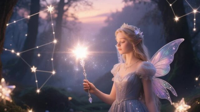 Enchanting fairy with glowing wand surrounded by constellations in a mystical forest setting during twilight, 4K Ai HD video.
