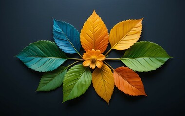 Blue Green Yellow and Orange Leaves on white Background.