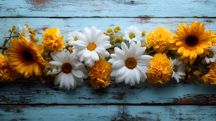 Obraz premium Beautiful floral arrangement of sunflowers daisies and yellow flowers on rustic blue wooden background