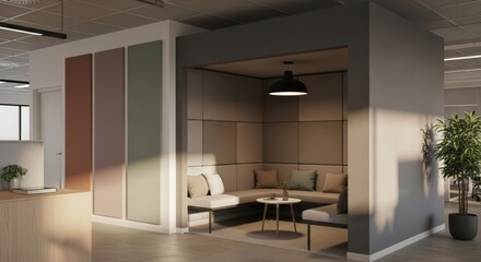 Modern office interior design Beige modular seating in a soundproofed meeting pod accompanied by acoustic wall panels