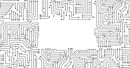 Circuit board texture background, seamless pattern. Black and white vector circuit board seamless background. 