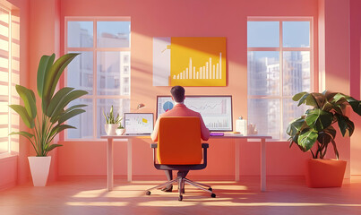 Cartoon person works at home on charts. Pastel pink room with bright sunlight. Two potted plants, laptop