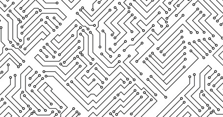 Circuit board texture background, seamless pattern. Black and white circuit board seamless background. 