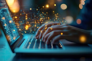 Close-up of person typing on laptop, digital overlay