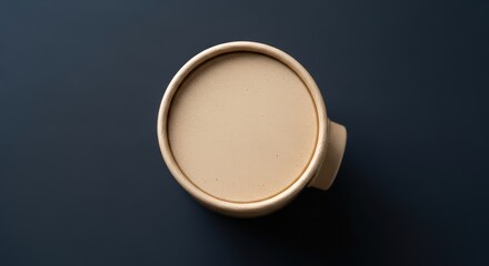 Top view of a round light brown cardboard food container on a dark background The container has a small handle