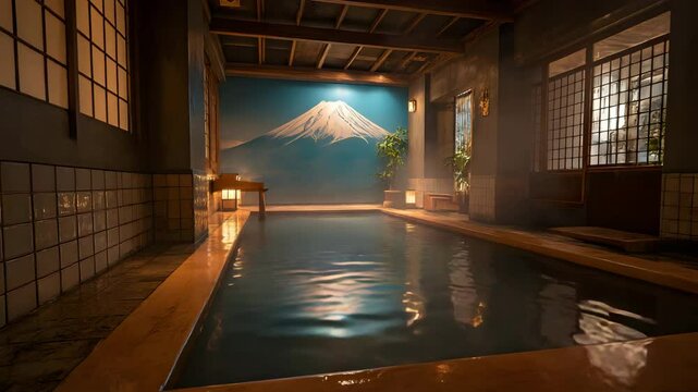 障子窓と植栽を配した室内に設えられた富士山壁画付き温泉大浴槽