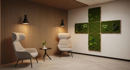 Modern office waiting area Two armchairs wood wall moss wall art small table
