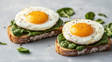 Delicious Breakfast of Toasted Bread with Eggs and Fresh Spinach Greens