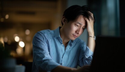Young man sitting at desk looking stressed or worried while working on laptop in dimly lit room with blurred background lights. man appears to be experiencing frustration or concern