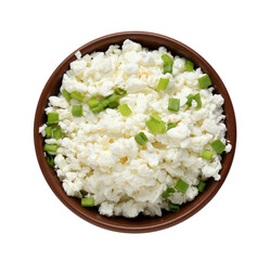Bowl with fresh cottage cheese and cut green onion on white background