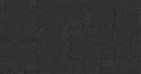 Circuit board texture background, seamless pattern. White lines and dots on black background. Vector illustration.