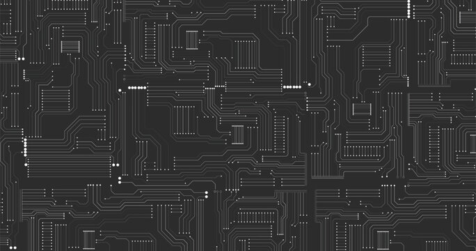 Circuit board texture background, seamless pattern. White lines and dots on black background. Vector illustration.