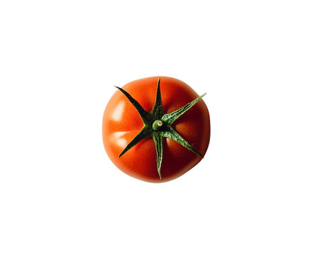 Single ripe red tomato isolated on transparent PNG, overhead view, studio shot, food photography