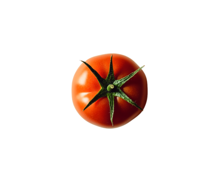 Single ripe red tomato isolated on transparent PNG, overhead view, studio shot, food photography