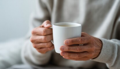 Person holding white ceramic mug filled with hot beverage close up of hands cozy indoor setting relaxed mood morning routine comfort warmth casual clothing soft lighting detailed skin texture