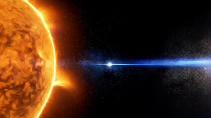 Fiery star with coronal mass ejections in outer space against backdrop of stars, generating heat and light