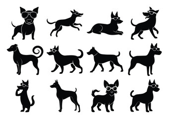 Stylish Dogs in Sunglasses: Vector Silhouette Collection on white background 