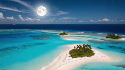 Aerial night view airplane window tropical islands moonlight, glowing bioluminescent ocean waves, starry sky, soft silhouettes of palm trees, calm serene atmosphere luxury travel, mystical tranquil - Powered by Adobe