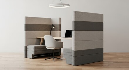 Modern office workspace with fabric paneled dividers wooden desk gray chair and laptop