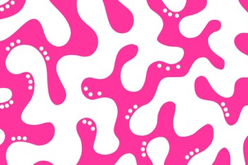 Seamless pattern, abstract organic lines color background. Biological pattern with pink and white memphis dots, irregular waves and abstract shape texture 