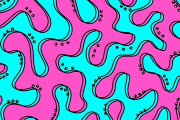 Seamless pattern, abstract organic lines color background. Biological pattern with pink, blue and pink memphis dots, irregular waves and abstract shape texture 