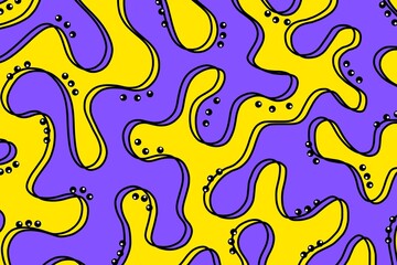 Abstract pattern of lines and shapes. 
abstract waves and dots seamless pattern in purple and yellow colors. Curvy abstract background 