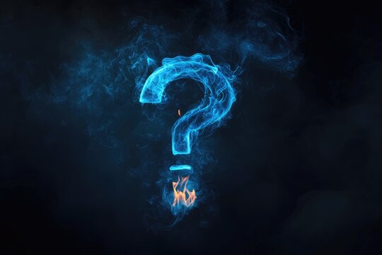 Abstract question mark formed by glowing blue smoke and fire