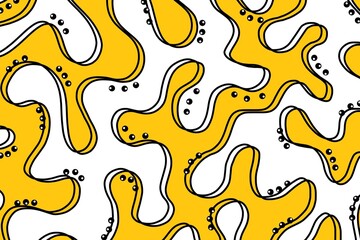 Waves, swirl, twirl, lines, dot, curve texture, in trendy style. Yellow and white abstract Background. Hand-drawn design for wallpaper, print, banner, card, textile, decor, etc.