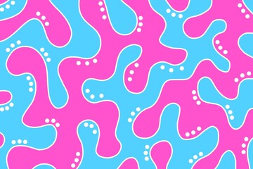 Minimalist abstract blue and pink background with wavy liquid, lines and dots. Labyrinth or maze. Abstract horizontal background with colorful waves. Fun doodling background design